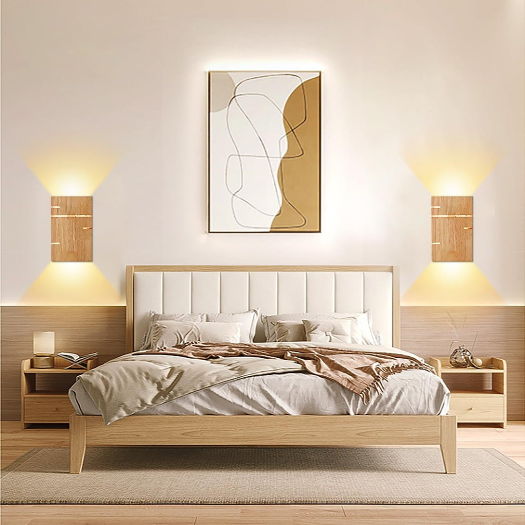 Applique murale contemporaine scandinave rectangulaire en bois de caoutchouc à 2 lumières pour chambre 
