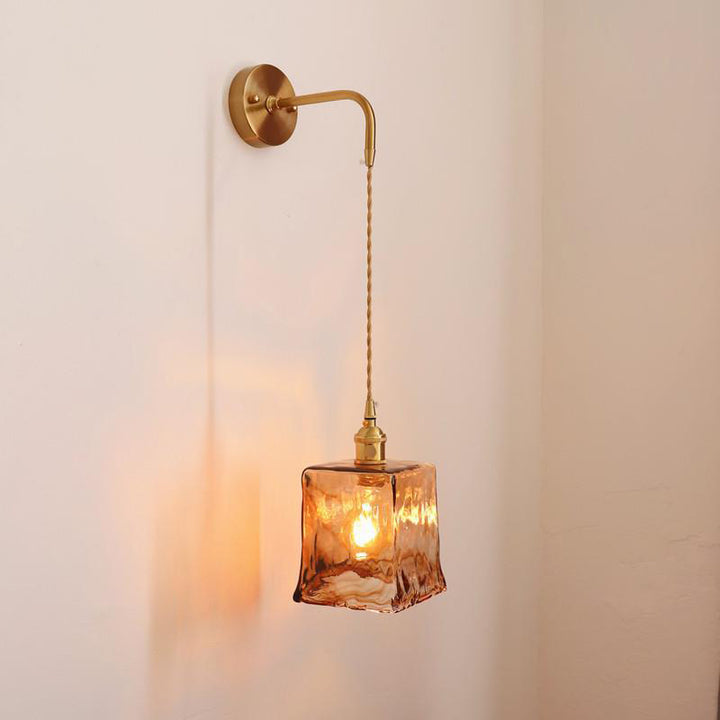 Modern Minimalist Eclectic Amber Glass Brass Iron Geometric 1-Light Wall Sconce Lamp For Living Room