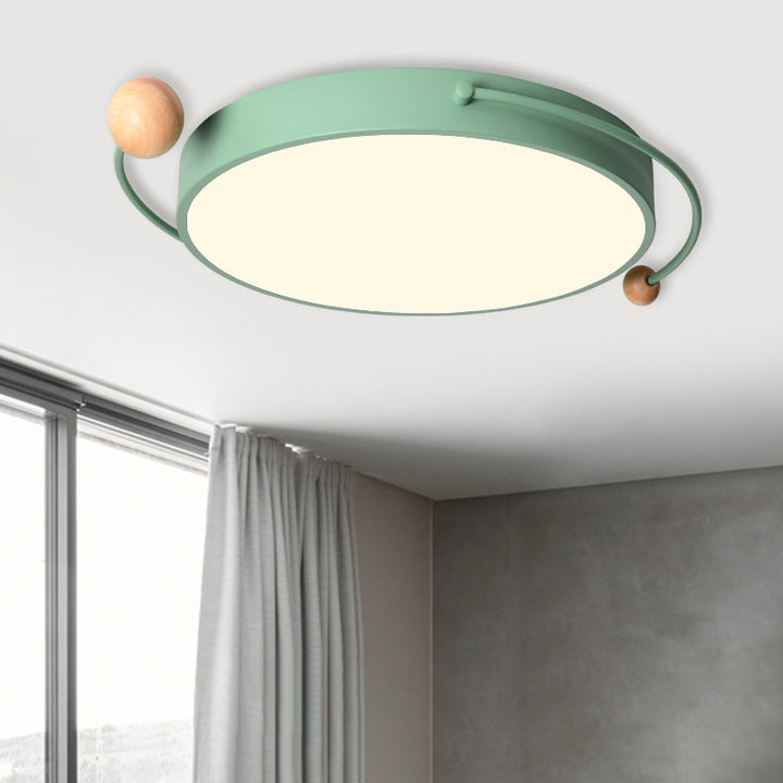Zeitgenössische skandinavische runde Kugel gebogene Röhre Eisen Acryl Holz LED Unterputz Deckenleuchte für Schlafzimmer 