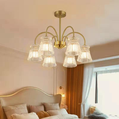 Zeitgenössische Retro gebogene Stange Blume Tasse Kupfer Glas 3/5/6 Licht Kronleuchter für Wohnzimmer 