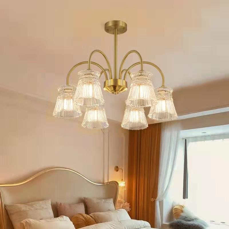 Zeitgenössische Retro gebogene Stange Blume Tasse Kupfer Glas 3/5/6 Licht Kronleuchter für Wohnzimmer 
