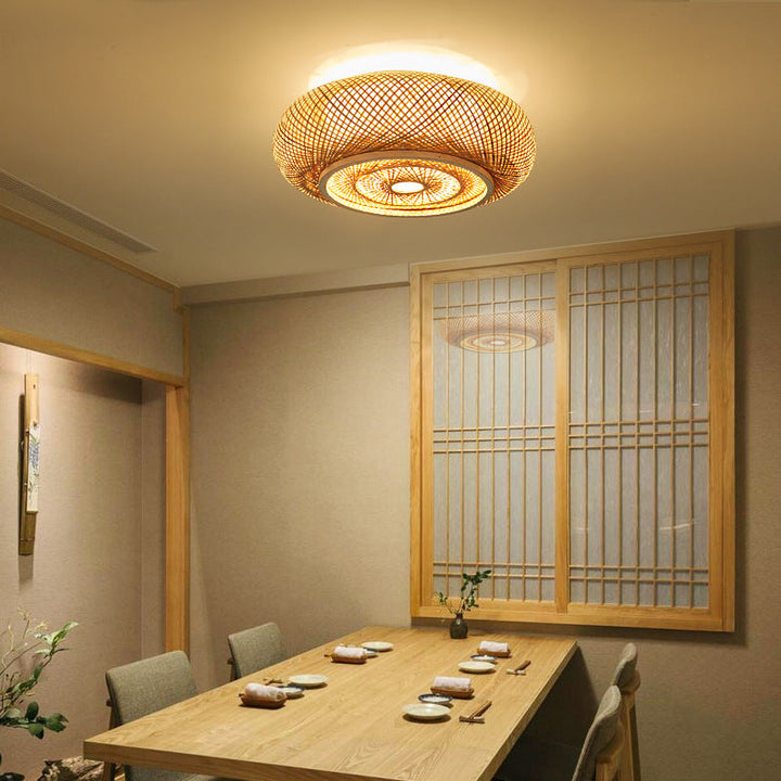 Plafonnier en bambou PVC à une lumière avec monture affleurante, style vintage traditionnel et squelette rond pour salon 
