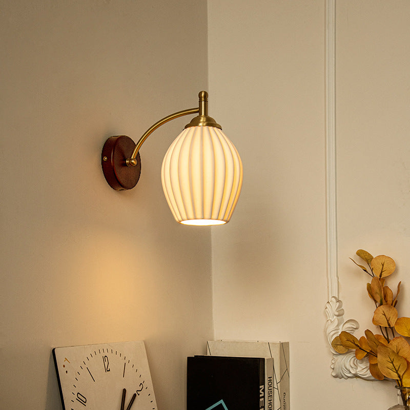 Traditional French Ceramic Glass Flower Shade Solid Wood Base 1-Light Wall Sconce For Living Room