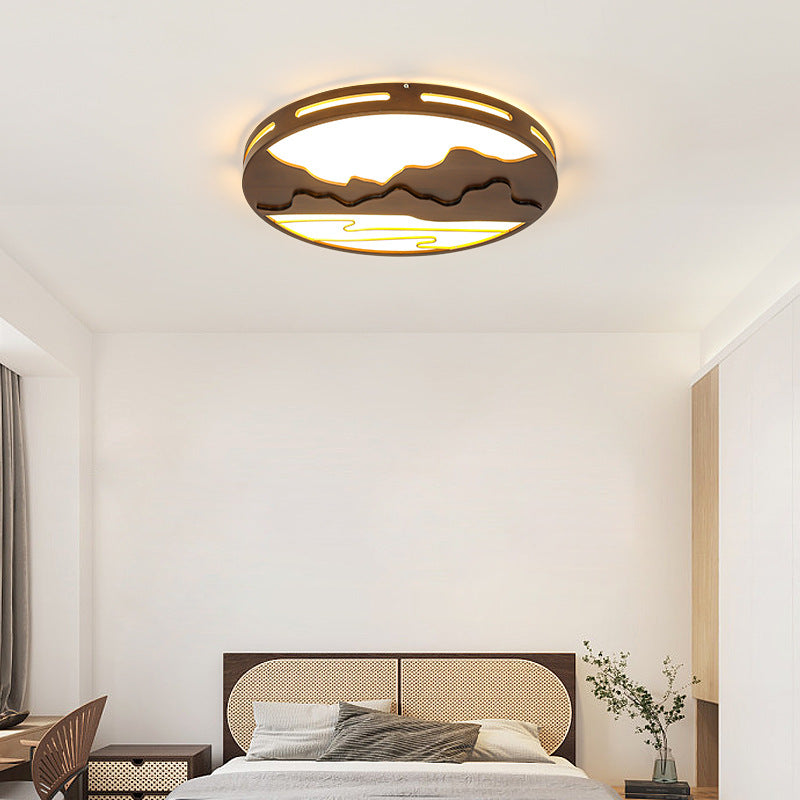 Modern Chinese Wooden Round Mountain Design LED Flush Mount Ceiling Light