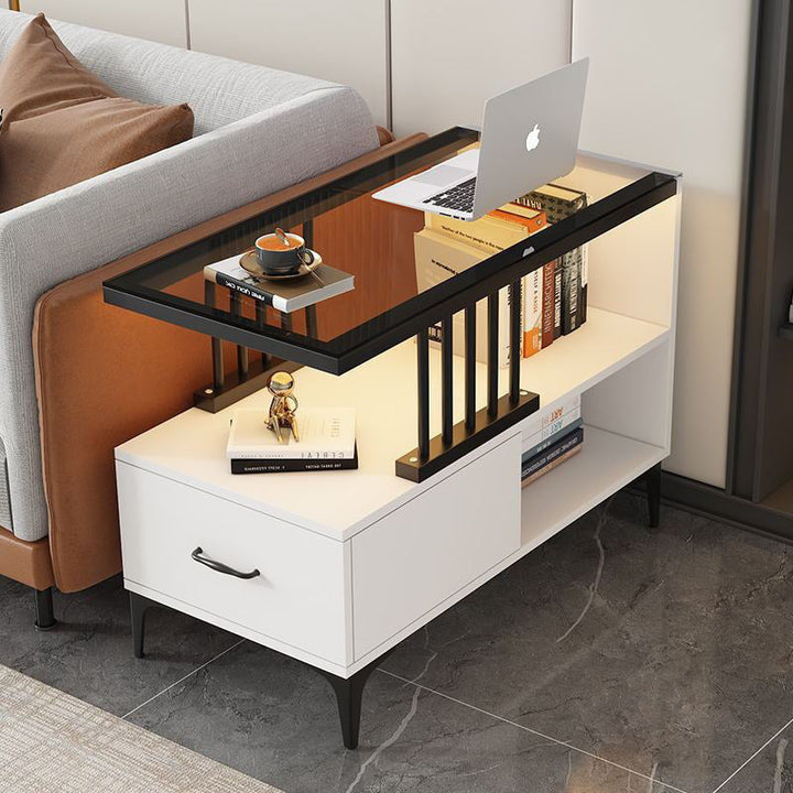 Rechteckiger Beistelltisch im zeitgenössisch-schlichten Design mit Glasplatte, 2-stufigem MDF-Schrank für das Wohnzimmer 