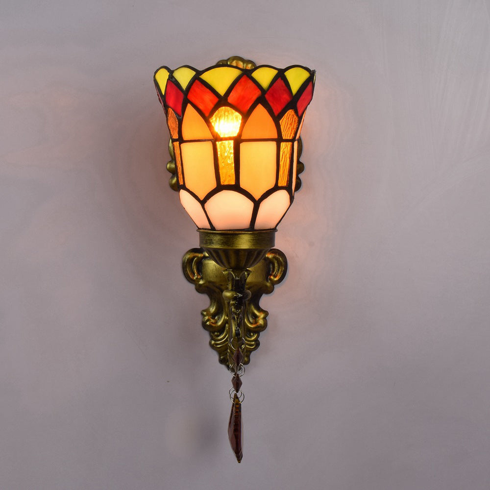 Traditionelle Tiffany Blume Eisen Kristall Glasmalerei 1-Licht Wandleuchte Lampe für Wohnzimmer 