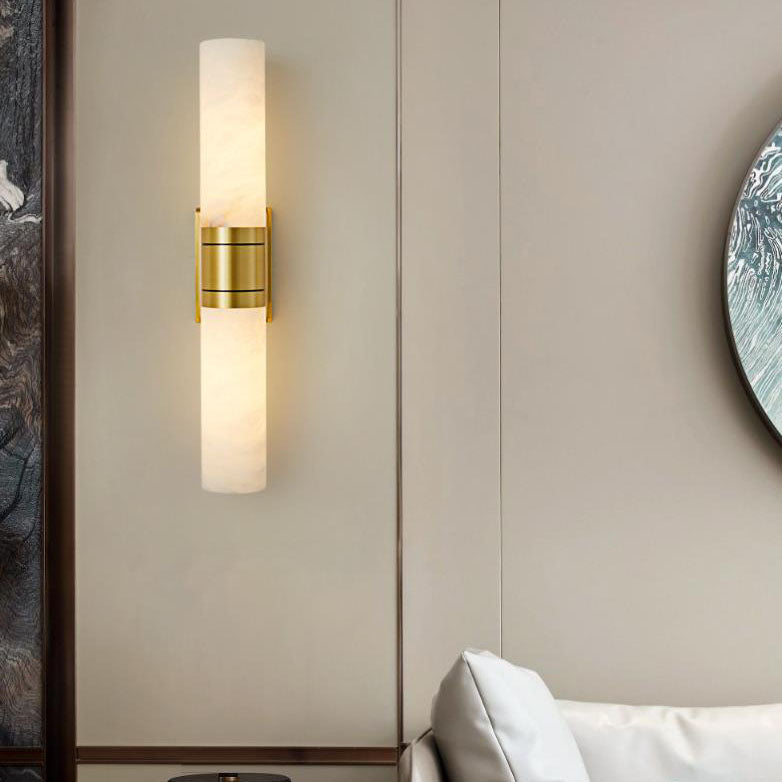 Moderne Mid-Century Marmor Säulen Kupfer 2-Licht Wandleuchte für Wohnzimmer 