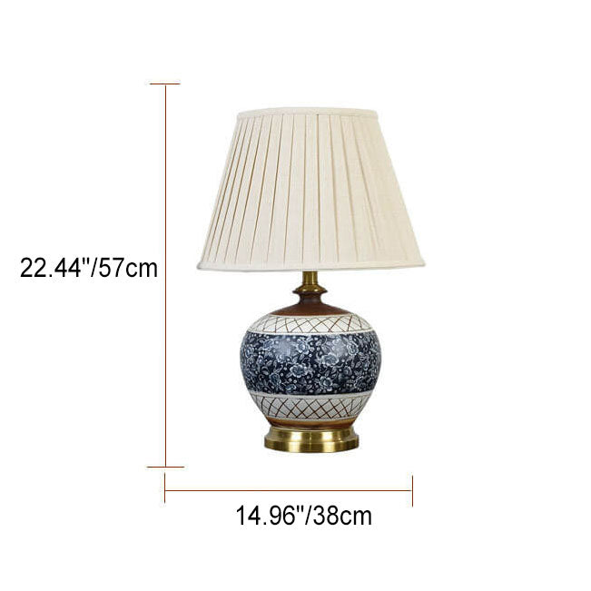 Traditional Chinese Round Ceramic Hardware Fabric Print Pleated Lampshade 1-Light Table Lamp For Bedroom