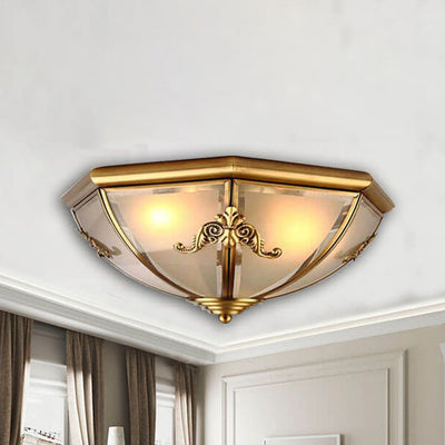 European Luxury Full Copper Conical Glass Lampshade 2/3/6-Light Flush Mount Ceiling Light