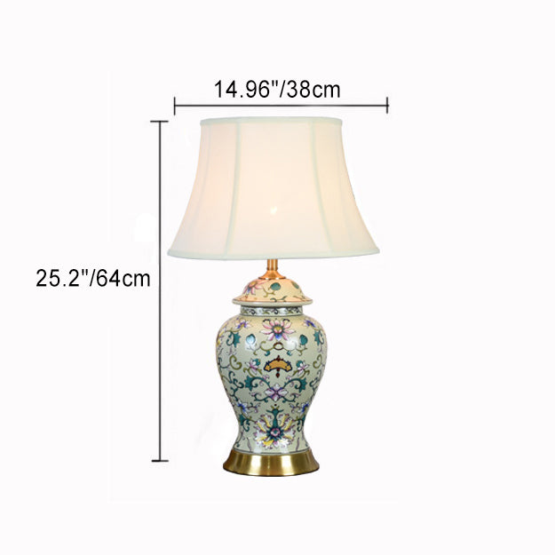 Lámpara de mesa de 1 luz con pantalla de lino, base de cobre y cerámica con patrón contemporáneo retro de hojas de loto para dormitorio 