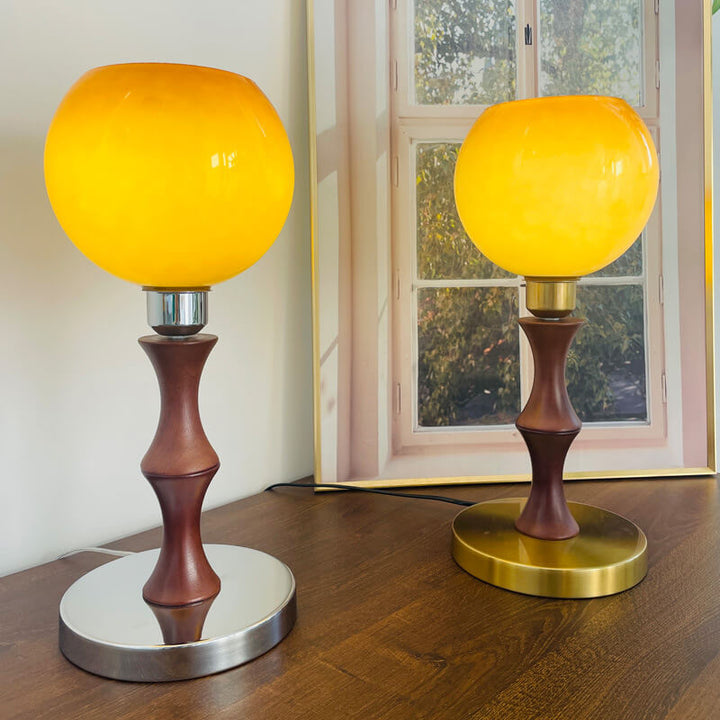 Französische Vintage Kugelglas Holz 1-Licht Tischlampe 