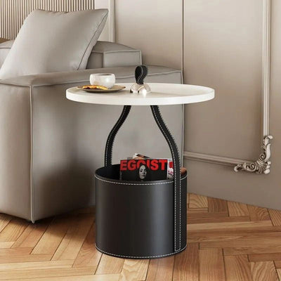 Contemporary Creative Round Barrel Faux Saddle Leather Stainless Steel Coffee Table Tote For Living Room