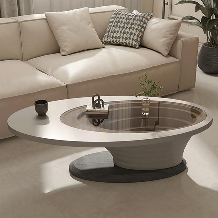 Table basse moderne de luxe ovale en verre avec plateau en fibre de densité pour salon 