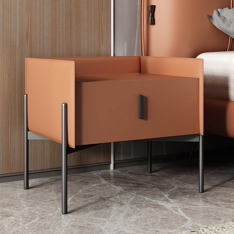 Contemporain scandinave rectangulaire en cuir acier au carbone métal 1-tiroir pour table de chevet 