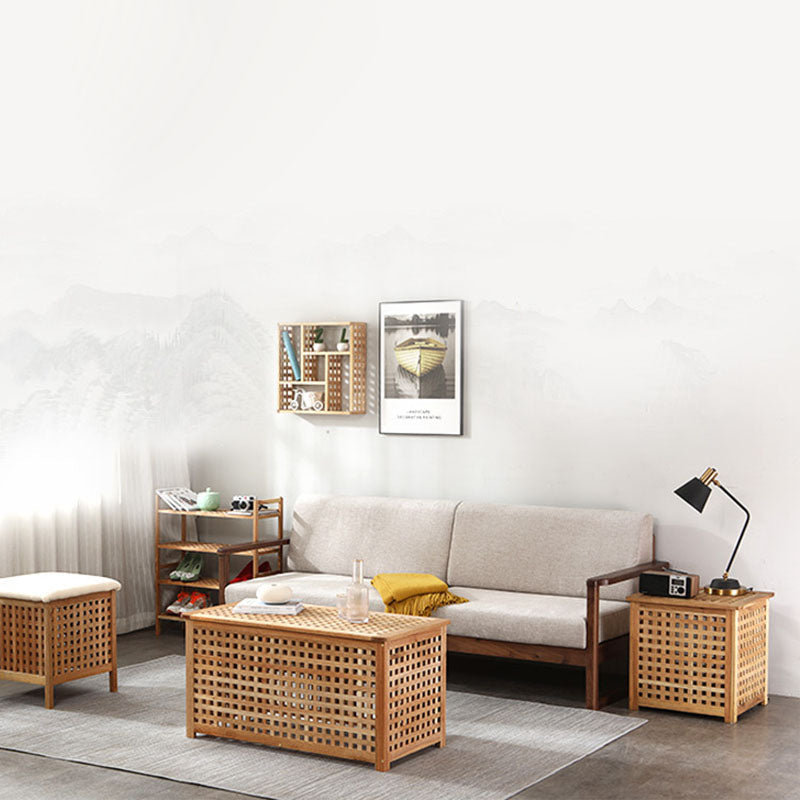 Traditioneller japanischer kubischer quadratischer rechteckiger Holz-Metall-Couchtisch mit 1 Ablage für das Wohnzimmer 
