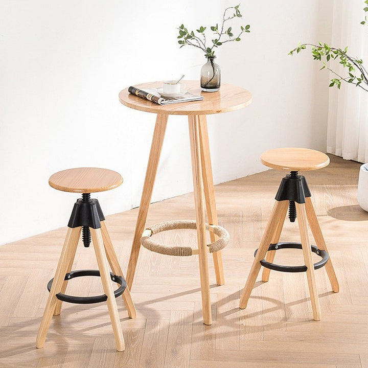 Taburete de barra tradicional vintage de madera de caucho con asiento redondo, varilla roscada de nailon, altura ajustable, giratorio y con reposapiés para cocina 