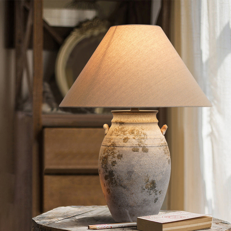 Traditionelle Vintage Keramik Stoff Metall Conic Topf 1-Licht Tischlampe für Nachttisch 