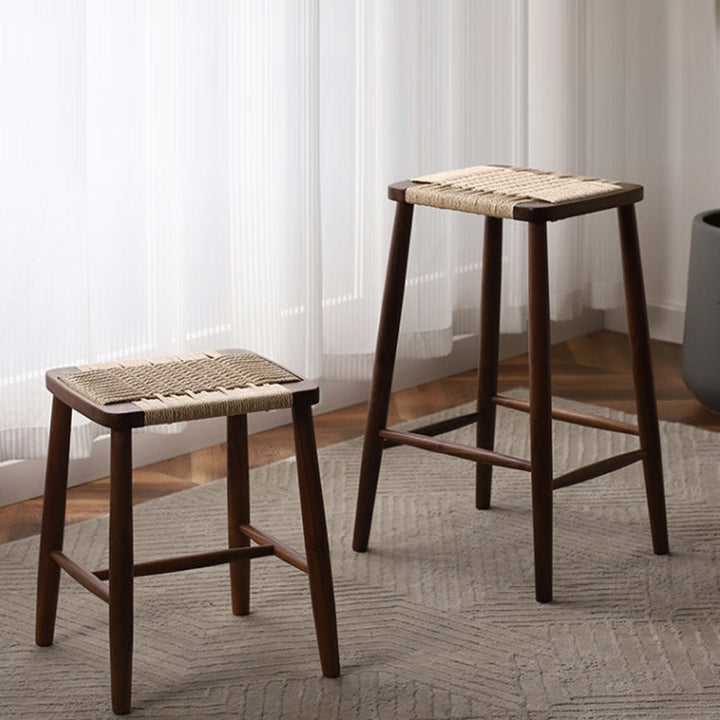 Tabouret de bar rectangulaire en corde tissée en bois traditionnel japonais pour salle à manger 