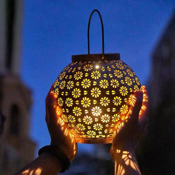Moderne Art Deco Solar Wasserdichte Tragbare Blume Runde Laterne Eisen LED Outdoor Licht Für Garten 