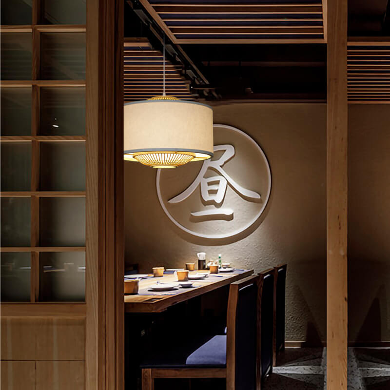 Contemporary Scandinavian Zen Bamboo Weaving Parchment Drum 1-Light Pendant Light for Living Room