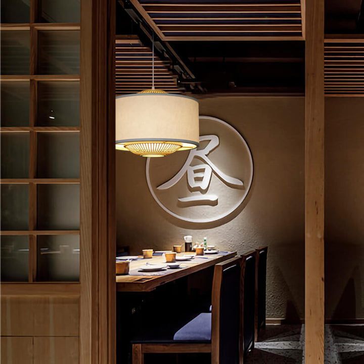 Contemporary Scandinavian Zen Bamboo Weaving Parchment Drum 1-Light Pendant Light for Living Room
