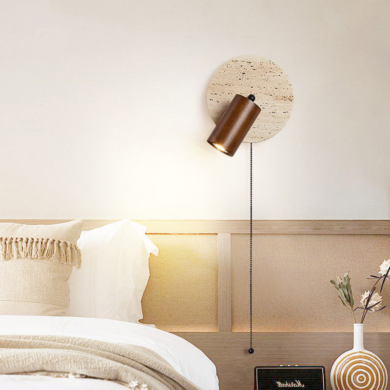 Moderne Mid-Century Runde Zylinder Massivholz Beige Travertin 1-Licht Wandleuchte Lampe für Schlafzimmer 