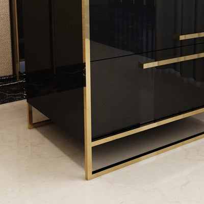Table de nuit moderne en bois massif cubique avec cadre en acier inoxydable à 2 tiroirs pour chambre 