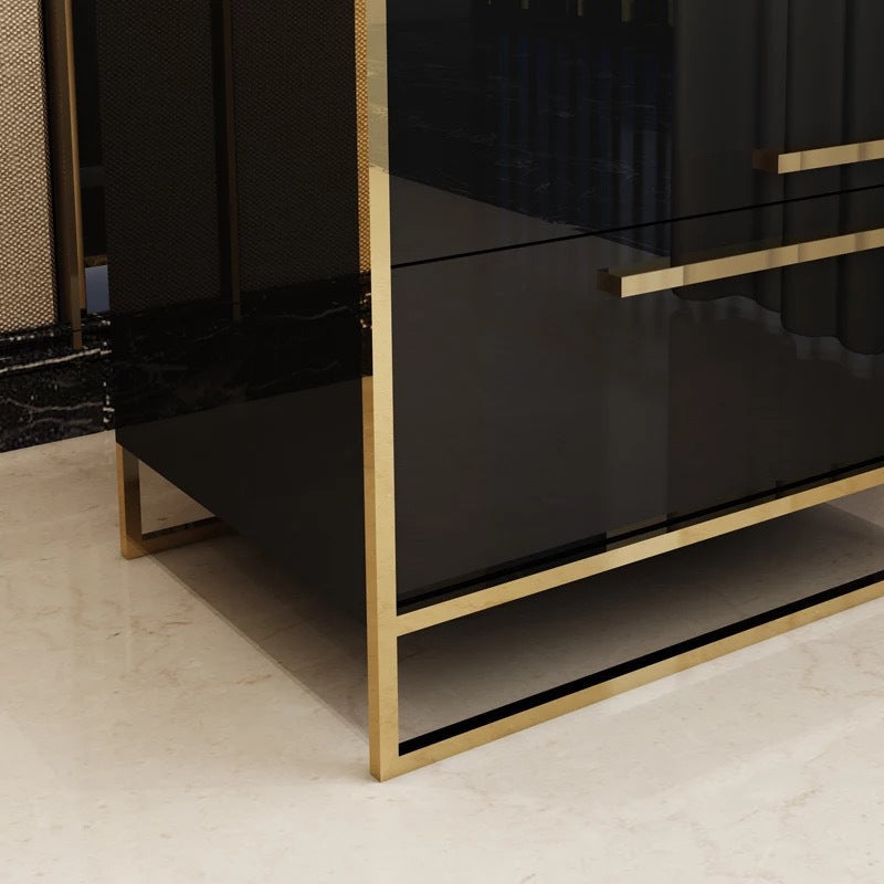 Table de nuit moderne en bois massif cubique avec cadre en acier inoxydable à 2 tiroirs pour chambre 