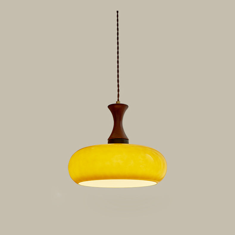 Zeitgenössische Retro Holz Eisen Glas Trommel Runde 1-Licht Pendelleuchte Für Esszimmer 
