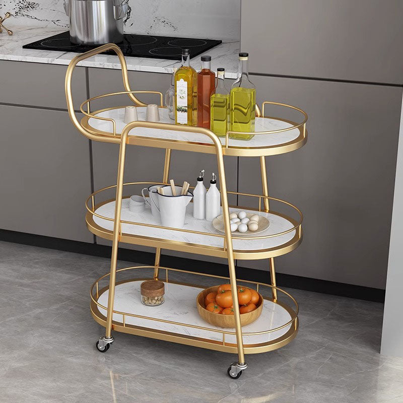 Carro de comedor contemporáneo nórdico ovalado de mármol y metal de 3 bandejas para comedor 