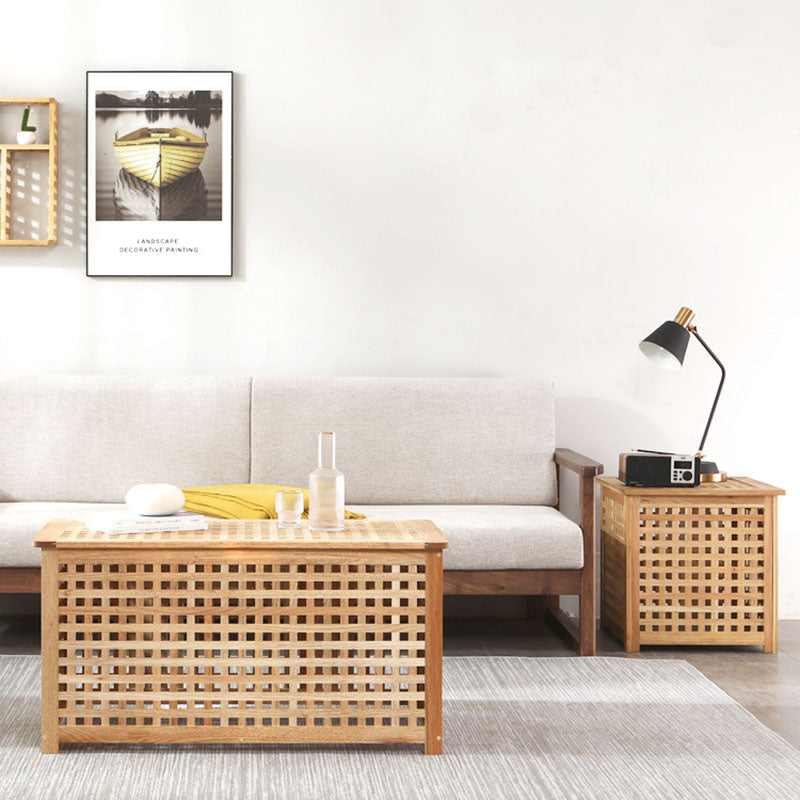 Traditioneller japanischer kubischer quadratischer rechteckiger Holz-Metall-Couchtisch mit 1 Ablage für das Wohnzimmer 