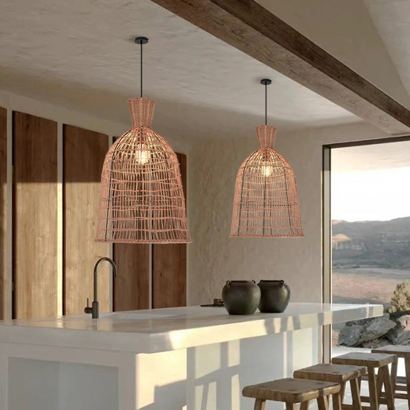 Suspension Luminaire à 1 Lumière avec Abat-Jour en Rotin à Maille Ronde Traditionnelle Japonaise pour Salon 