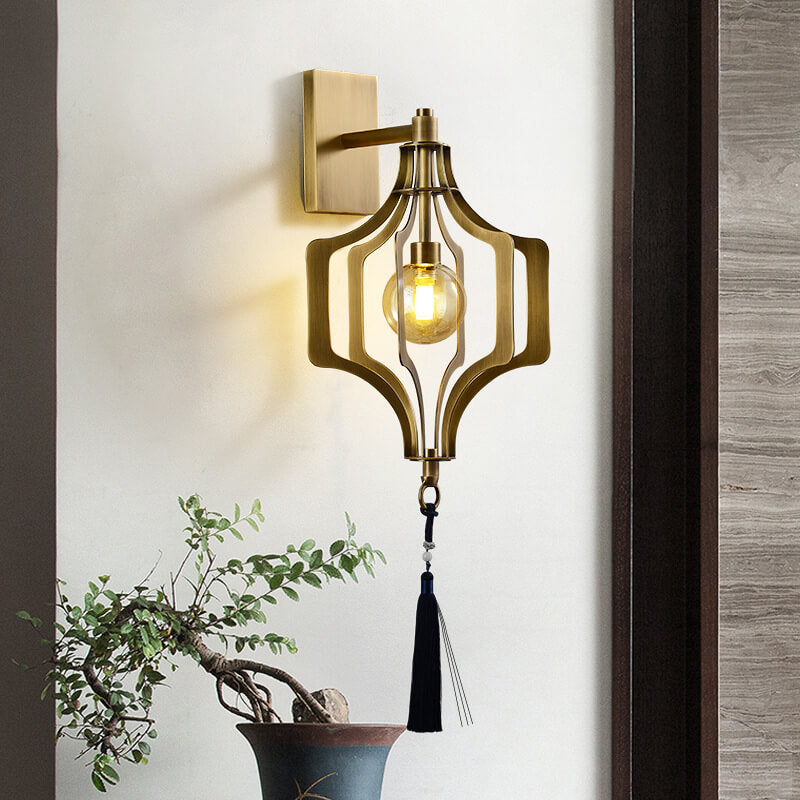 Modern Chinese Copper Hollow Cage Glass 1-Light Wall Sconce Lamp
