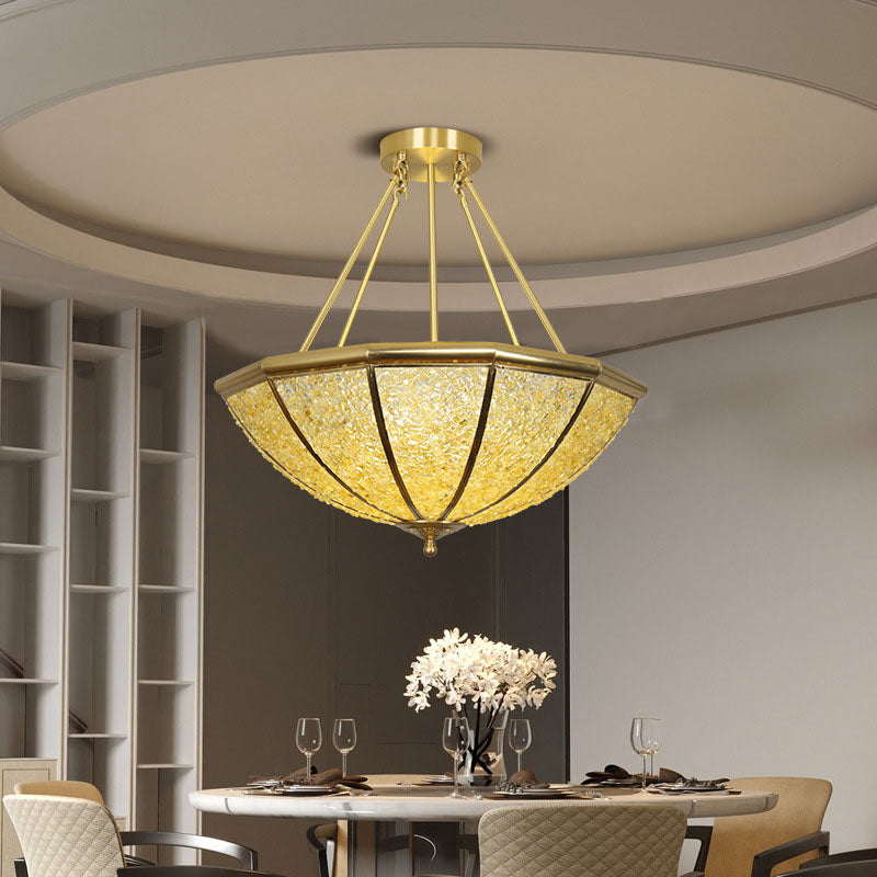 Lustre moderne de luxe avec cadre en cuivre et abat-jour rond en cristal à 5 lumières pour salon 