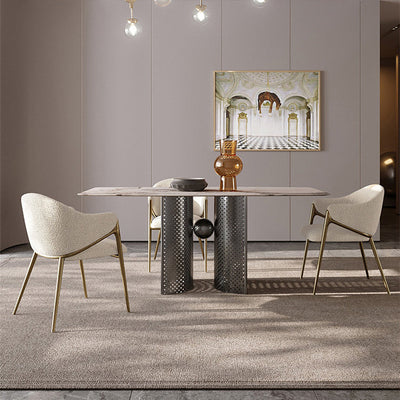 Silla de comedor contemporánea de lujo redonda de lana de cordero con patas de acero inoxidable, respaldo y reposabrazos para comedor 