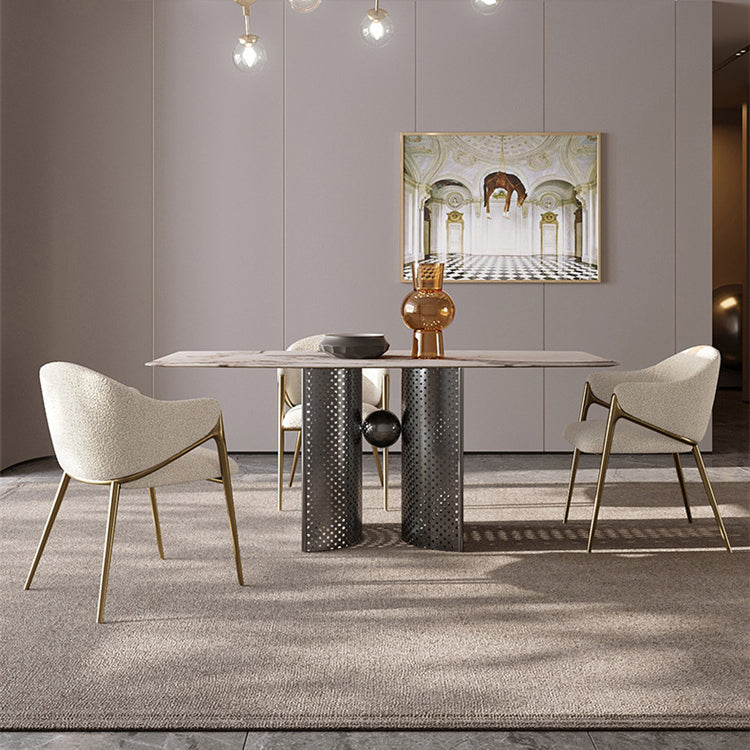 Silla de comedor contemporánea de lujo redonda de lana de cordero con patas de acero inoxidable, respaldo y reposabrazos para comedor 