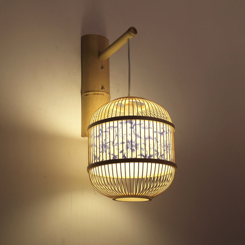 Traditional Chinese Bamboo Weaving Parchment Oval 1-Light Wall Sconce Lamp for Living Room