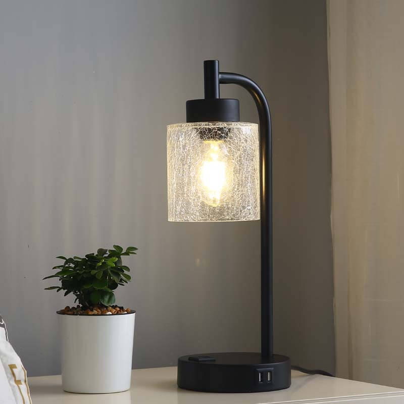 Modern Simple Iron Glass Cylinder Dual USB Touch 1-Light Table Lamp