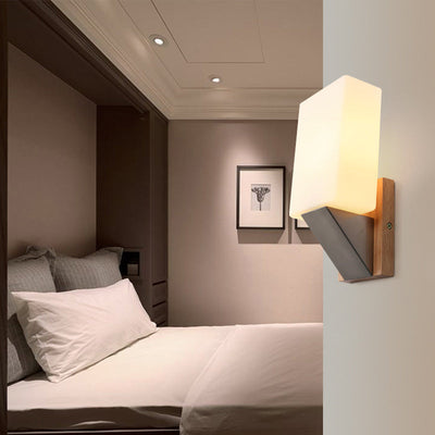 Moderne minimalistische Rechteck Holz Glas 1-Licht Wandleuchte Lampe für Schlafzimmer 