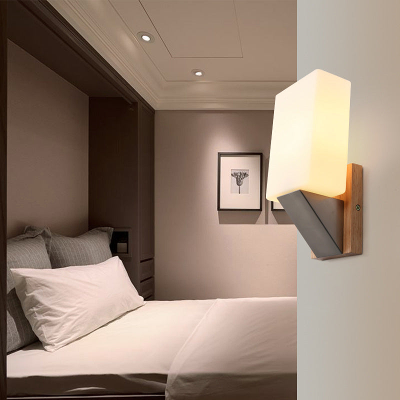 Moderne minimalistische Rechteck Holz Glas 1-Licht Wandleuchte Lampe für Schlafzimmer 