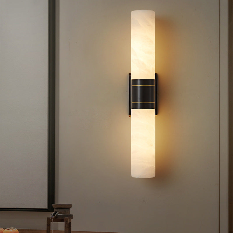 Traditionelle chinesische Vollkupfer-Marmor-Zylinderschirm-2-Licht-Wandleuchterlampe für Wohnzimmer 