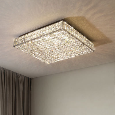 Modern Luxury Stainless Steel Crystal Square Rectangular Cube LED Flush Mount Ceiling Light For Living Room