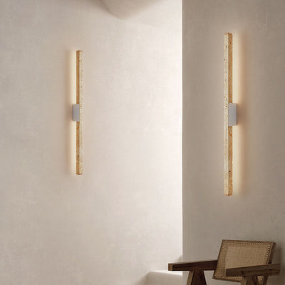 Japanese Wabi-Sabi Yellow Travertine Wood Long Strip LED Wall Sconce Lamp