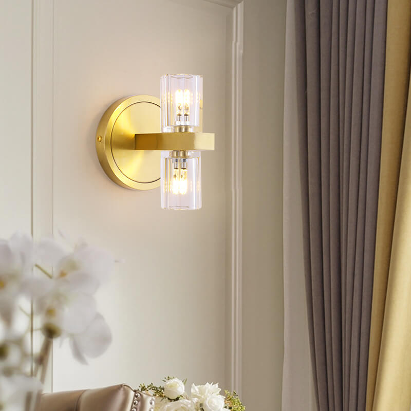 Moderne minimalistische Kristall-Kupfer-Zylinder-Wandleuchte mit 2 Flammen für Wohnzimmer &amp; Schlafzimmer 