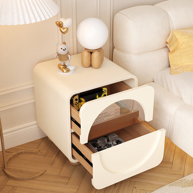 Modern Minimalist Round Corner Rectangular MDF Microfiber Leather Glass Stainless Steel Nightstand 2-Drawer For Bedroom