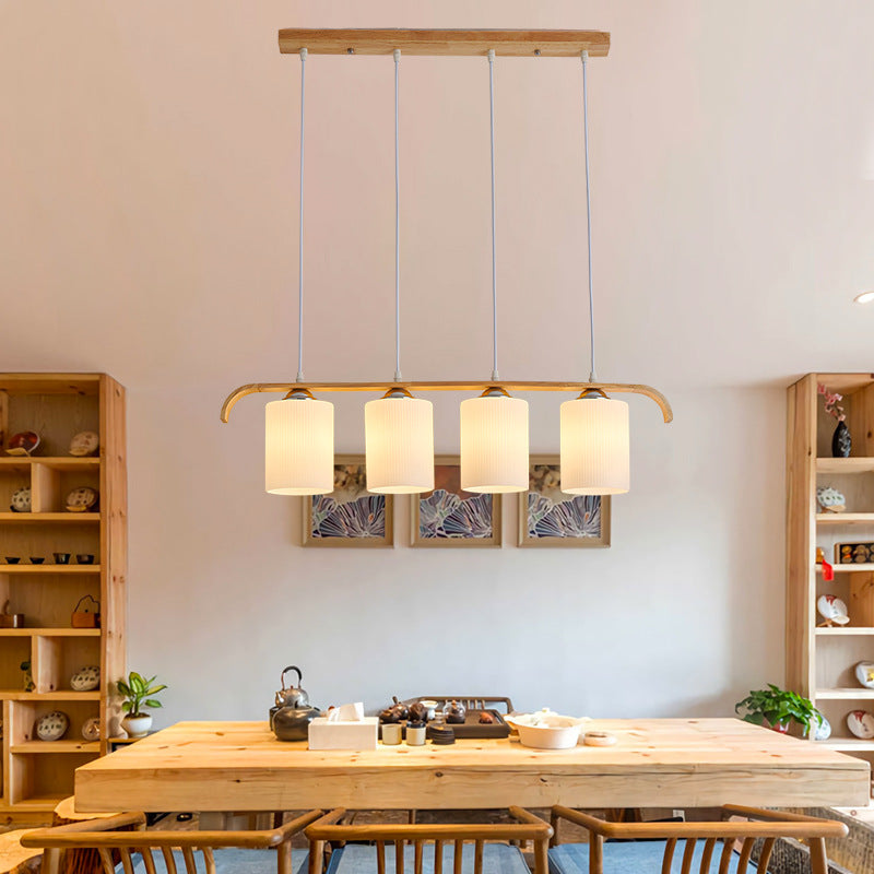 Zeitgenössischer skandinavischer langer Zylinder aus Glas und Holz mit 4 Lichtern, Inselleuchter für Wohnzimmer 
