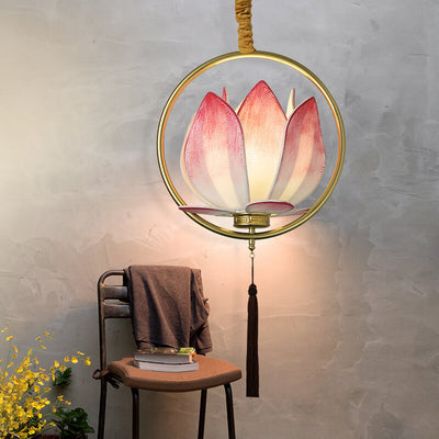 Chinese Zen Lotus Fabric Shade Iron Circle Ring Tassel 1-Light Pendant Light