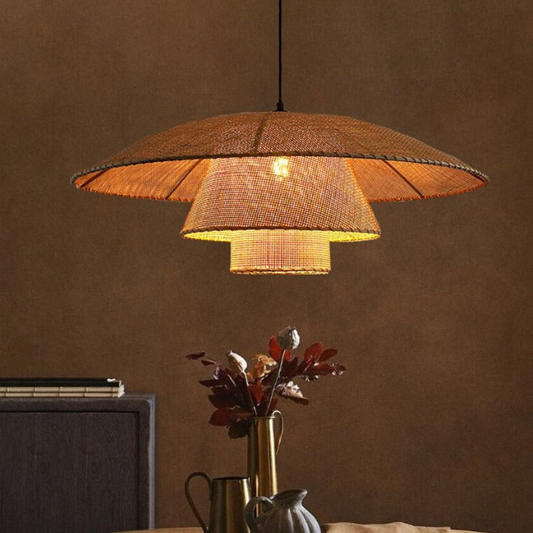 Traditioneller japanischer dreifacher runder Rattan-Kronleuchter mit 1 Licht für Wohnzimmer 
