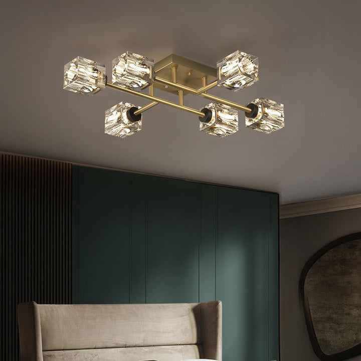Luminaire de plafond semi-encastré contemporain de luxe branche rectangulaire en cuivre massif avec cristal 4/6/8 lumières pour salon 
