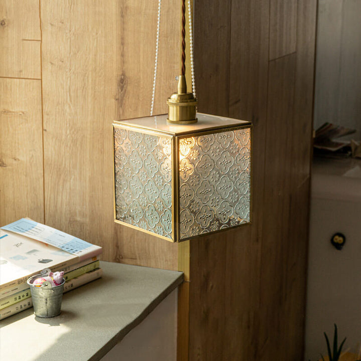 Traditional Vintage Clear Patterned Glass Cone Square Copper 1-Light Pendant Light for Living Room